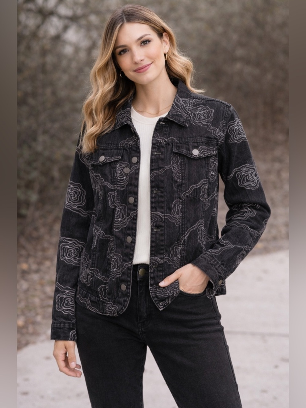 Ruby Rd Black Denim Jacket Embroidered Swirl Print Button Front Size 8